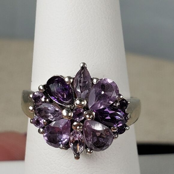 Vintage Purple Amethyst Flower Cocktail Ring 925 Sterling Silver Size 7 - Picture 3 of 16